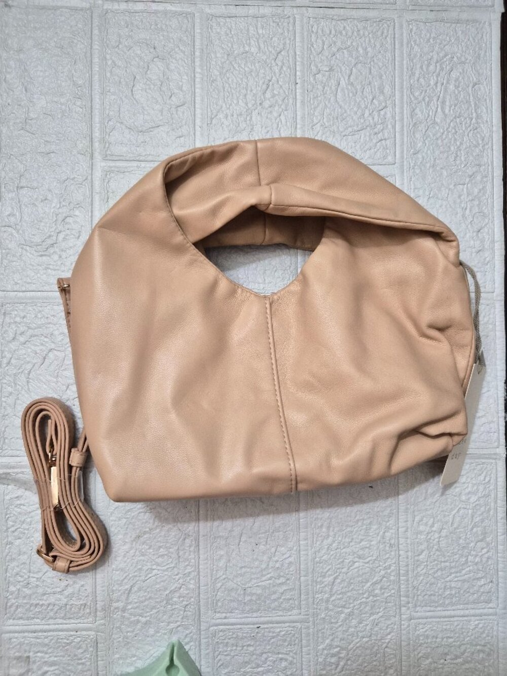 Tan soft faux-leather knot twist handle mini hobo bag detachable StrapSlouch new